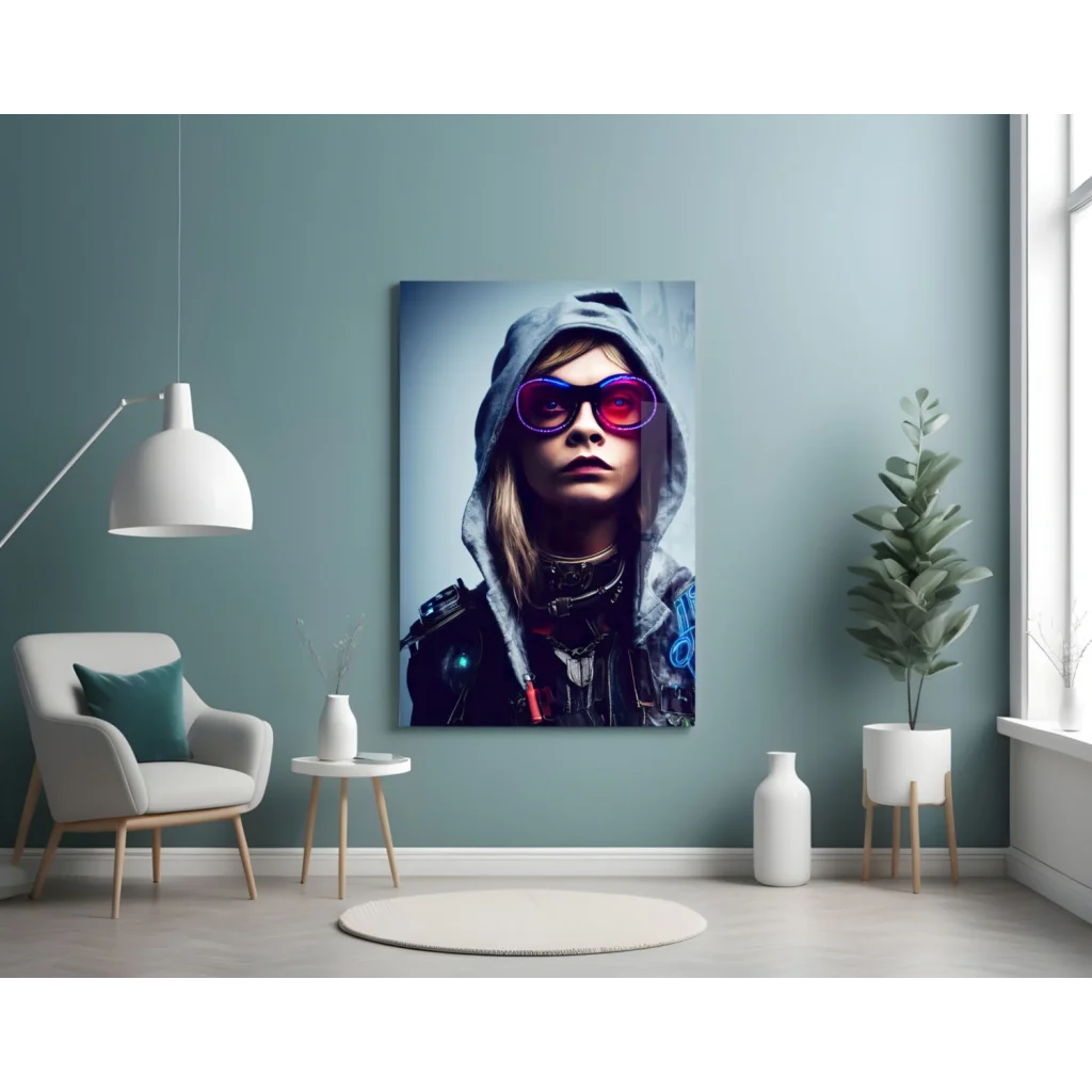 Neon cyberpunk portrait glass wall art of woman in purple sunglasses