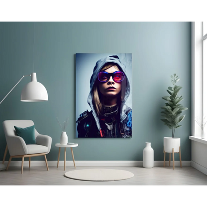 Neon cyberpunk portrait glass wall art of woman in purple sunglasses