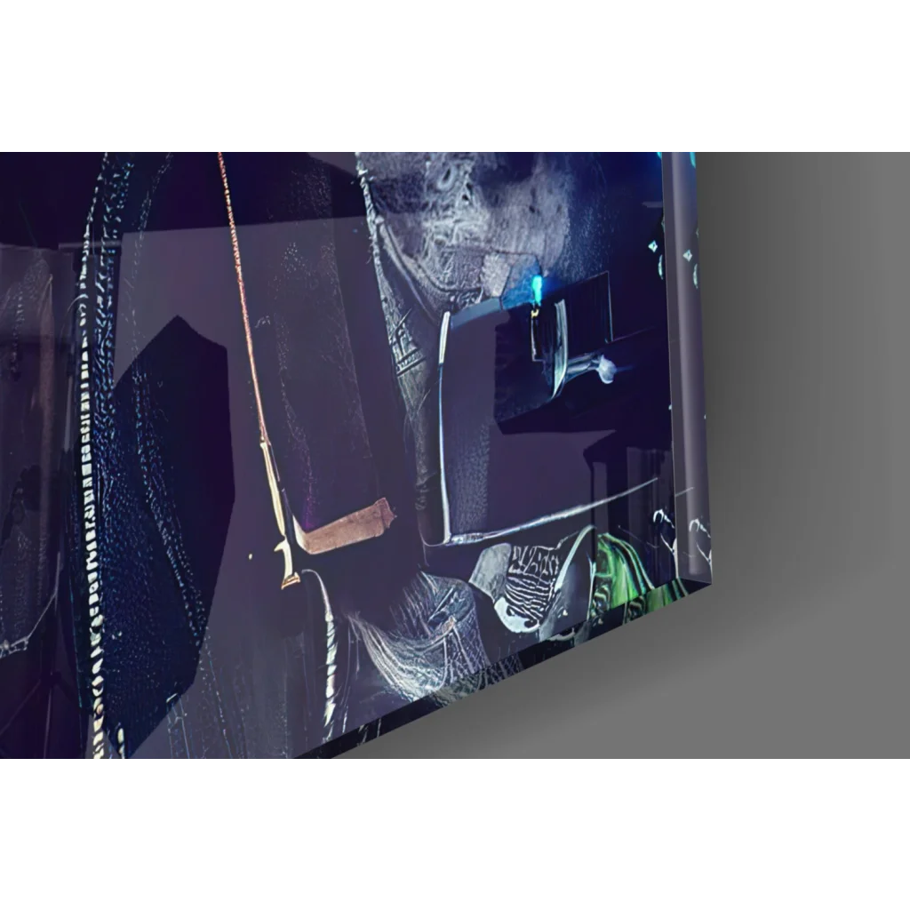 Sleek black-framed neon cyberpunk glass wall art with purple sunglasses