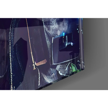 Sleek black-framed neon cyberpunk glass wall art with purple sunglasses