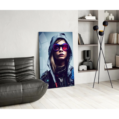 Vibrant neon cyberpunk woman in purple sunglasses on glass wall art