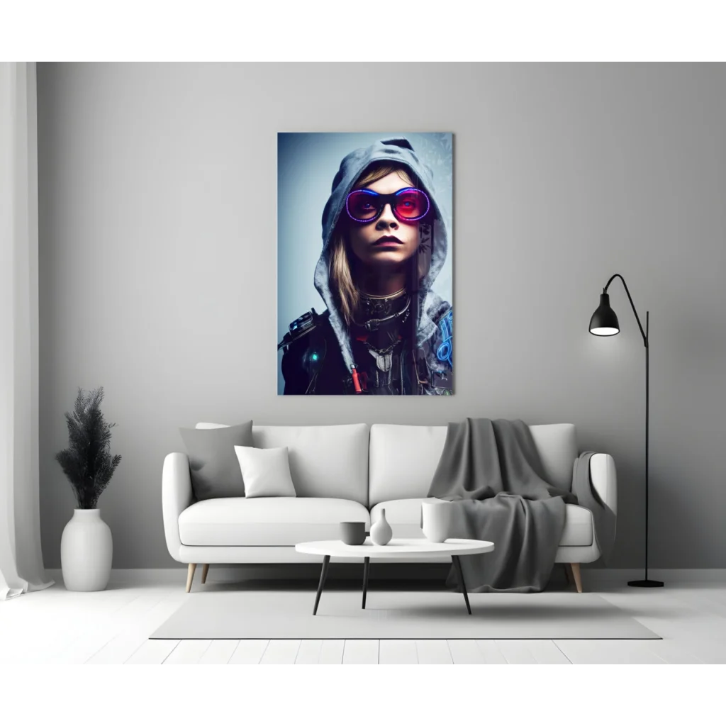 Vibrant woman in purple sunglasses on neon cyberpunk glass wall art