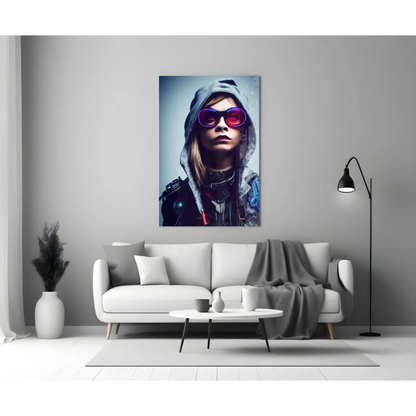 Vibrant woman in purple sunglasses on neon cyberpunk glass wall art
