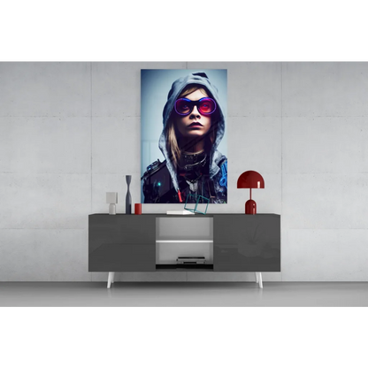 Vibrant neon cyberpunk glass wall art portrait of woman in purple sunglasses