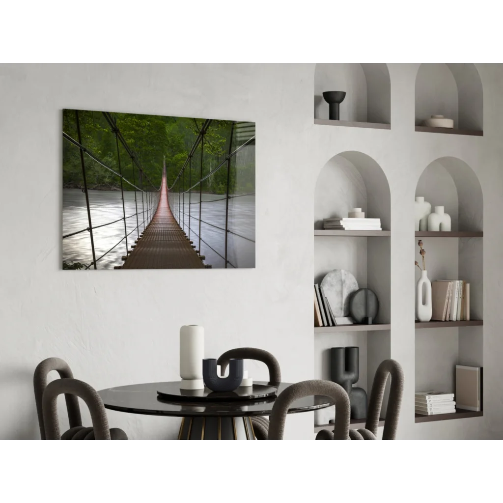 Wooden suspension bridge wall art canvas print on white wall