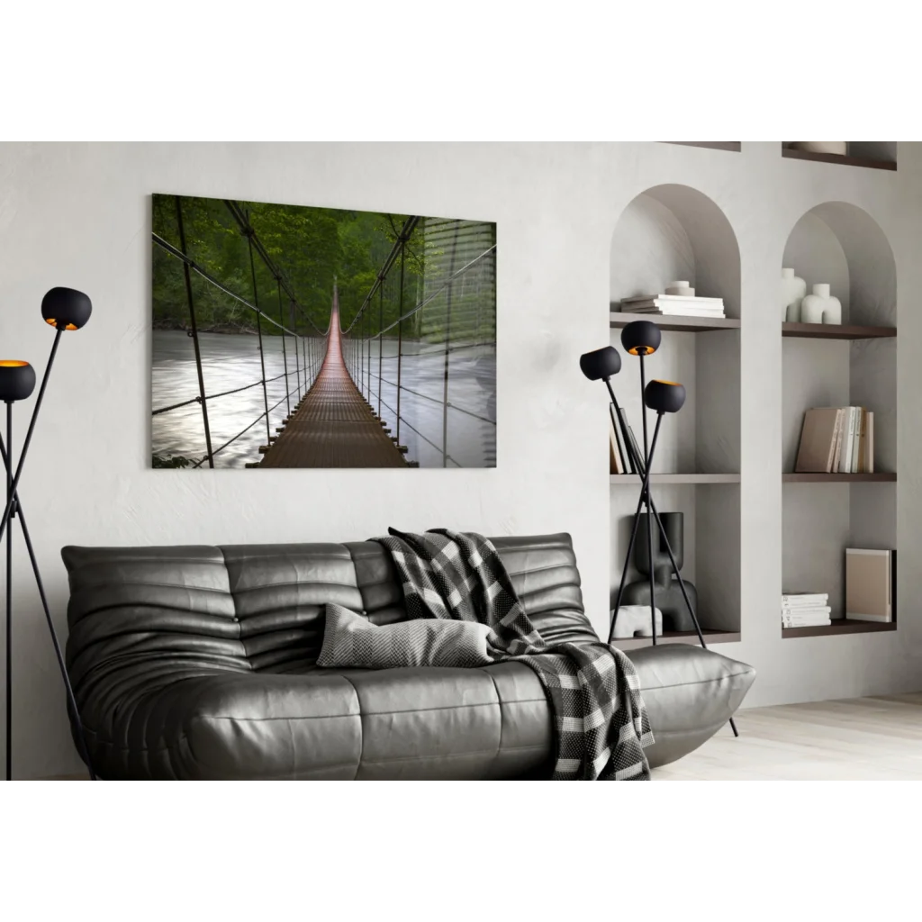 Wooden suspension bridge wall art canvas print on white wall
