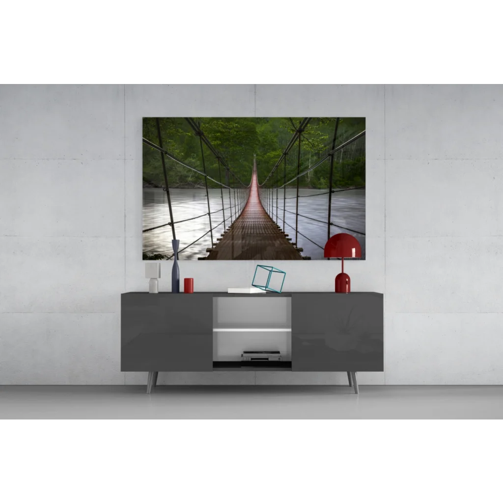 Wooden suspension bridge wall art with lush forest views