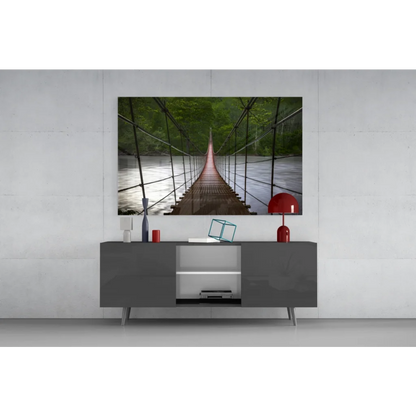 Wooden suspension bridge wall art with lush forest views