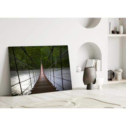 Wooden suspension bridge canvas wall art with lush green forest views