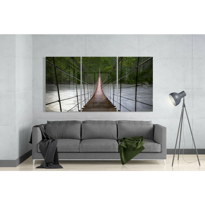 Wooden Bridge Triptych Canvas Wall Art with Lush Forest Views | Modern Wall Art Decor | vintageantiquesgifts.com