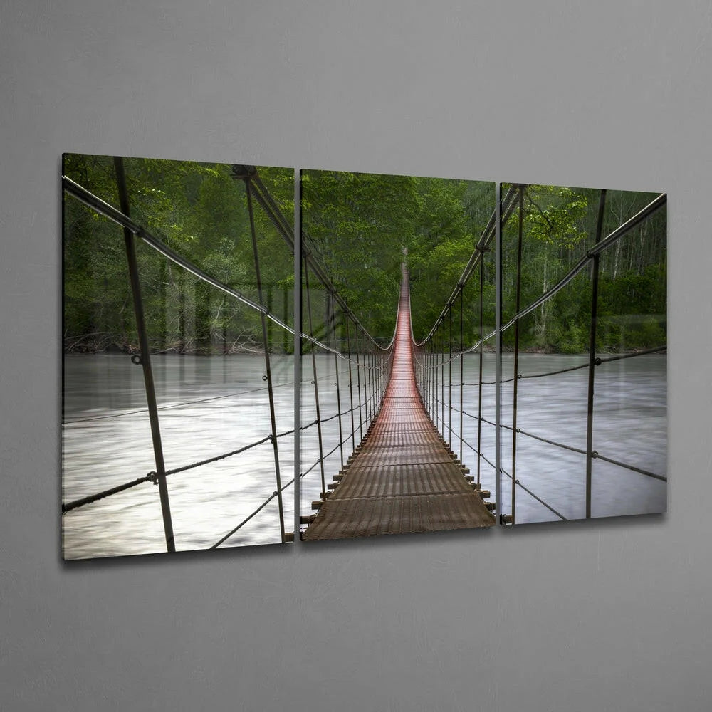 Wooden Bridge Triptych Canvas Wall Art with Lush Forest Views | Glass Wall Art Print | vintageantiquesgifts.com