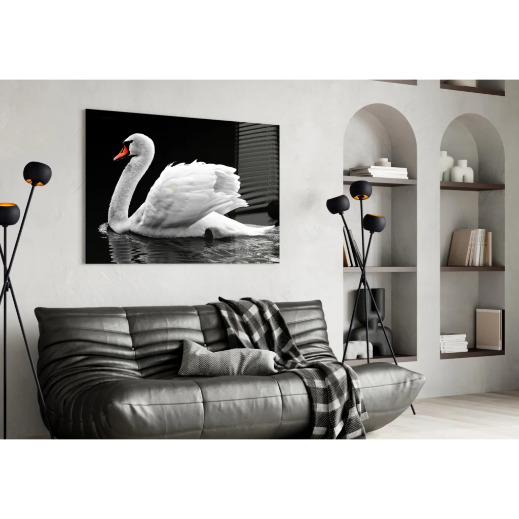 Stunning white swan glass wall art in bold black and white