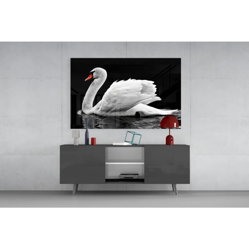 Stunning black and white swan glass wall art with orange beak