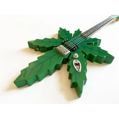 Green leaf Axe Heaven® miniature guitar model with stand
