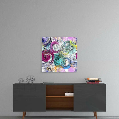 Swirling abstract wall art print in blue purple black on gray wall