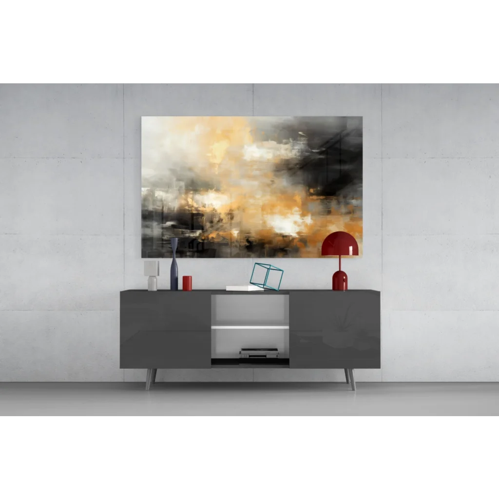 Swirling abstract canvas wall art in orange, gray, and black hues