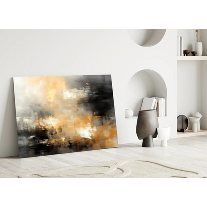 Swirling abstract canvas wall art in orange, gray, and black hues