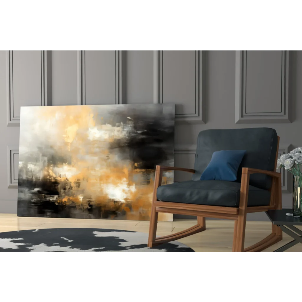 Modern wooden rocking chair with dark blue seat in Swirling Abstract wall art