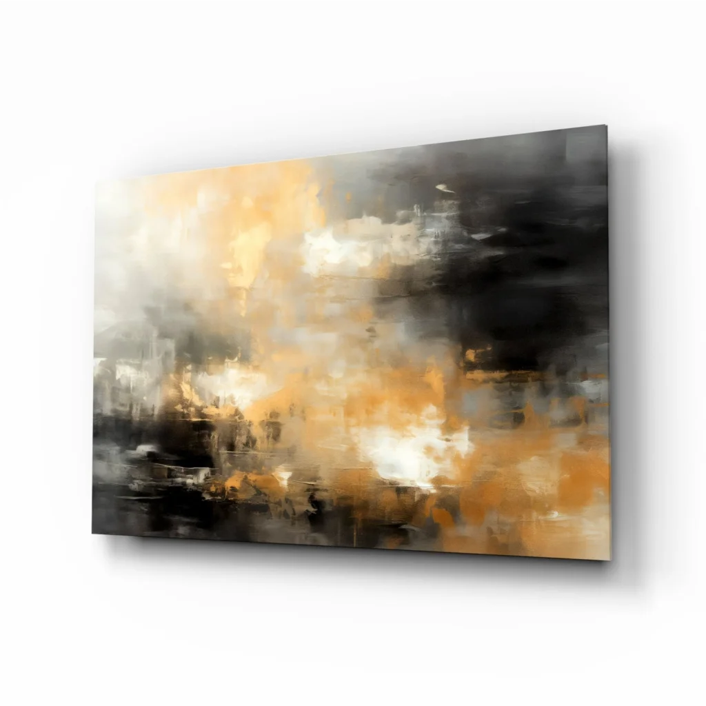 Swirling abstract canvas wall art in warm amber, gray, and black