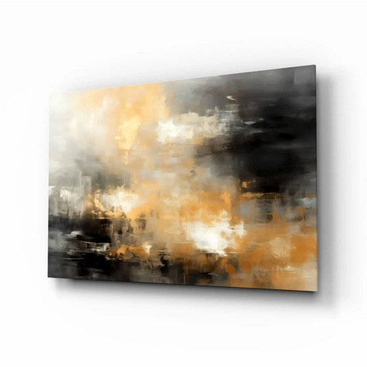 Swirling abstract canvas wall art in warm amber, gray, and black