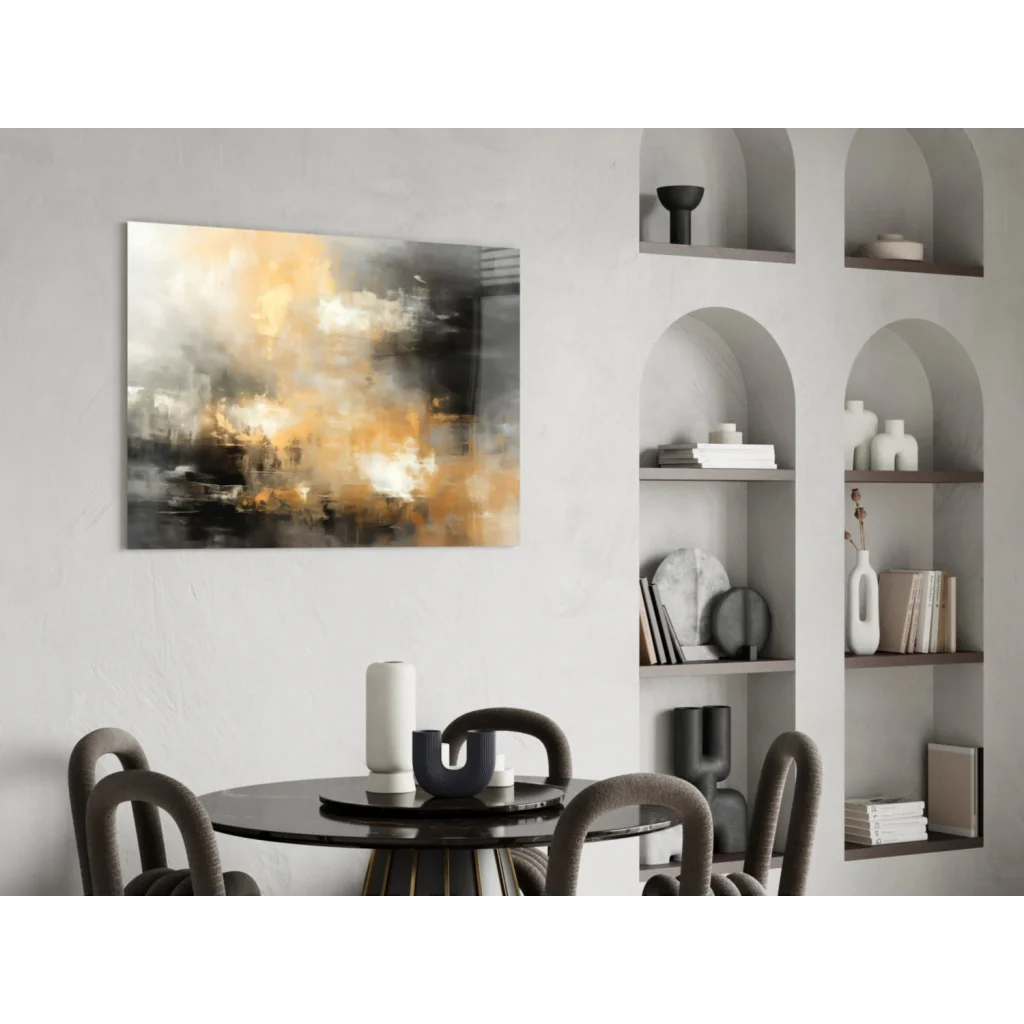 Swirling abstract canvas wall art in warm gold, amber, gray on black