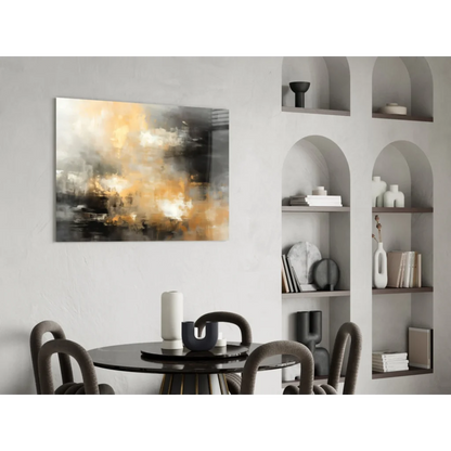 Swirling abstract canvas wall art in warm gold, amber, gray on black