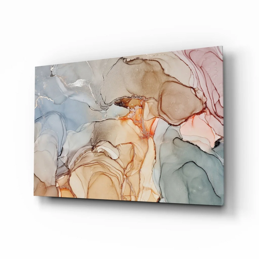 Swirling abstract glass wall art in blue, orange, and pink gradients