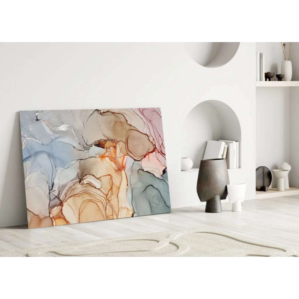 Swirling abstract glass wall art in blue, orange, and pink