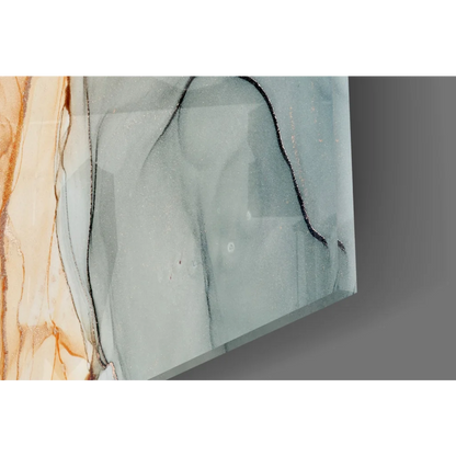 Swirling abstract glass wall art in amber, gray, blue, orange, pink