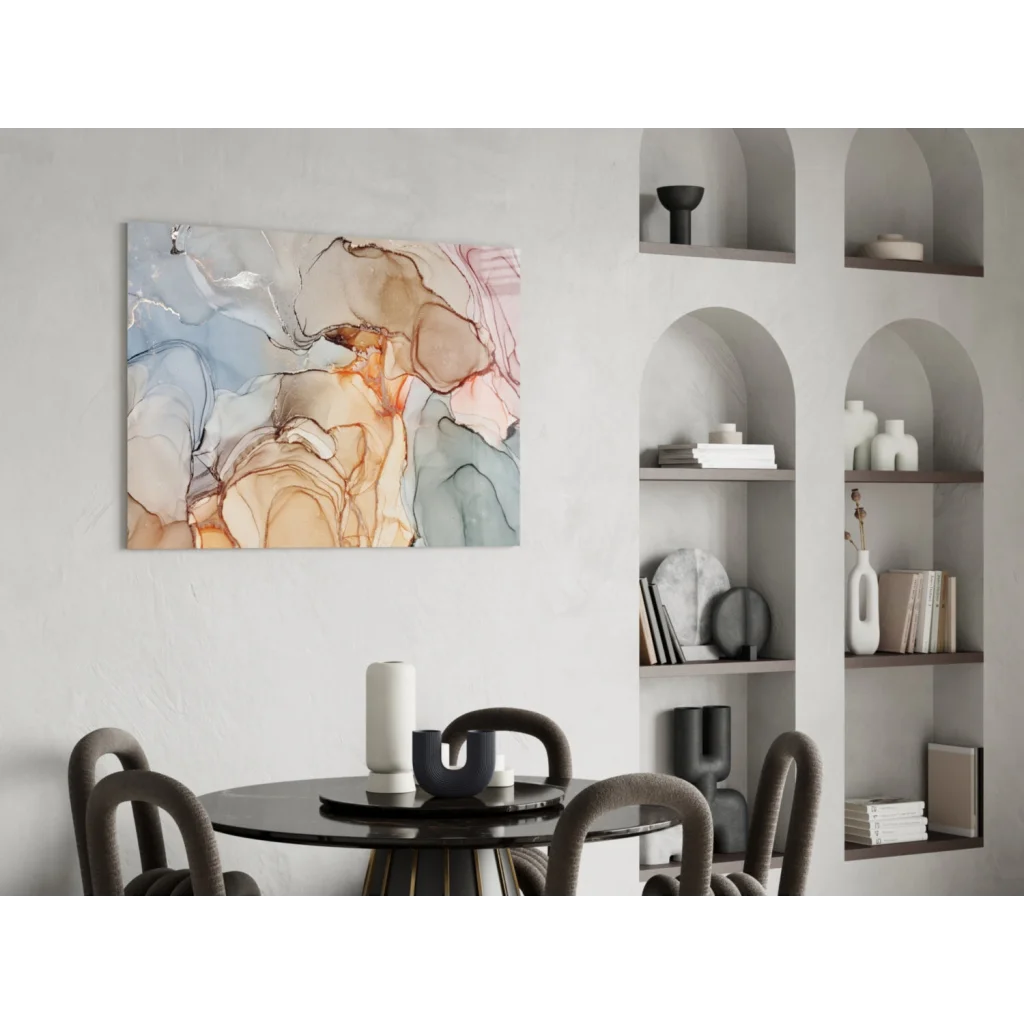 Swirling abstract glass wall art in blue, peach, and brown hues