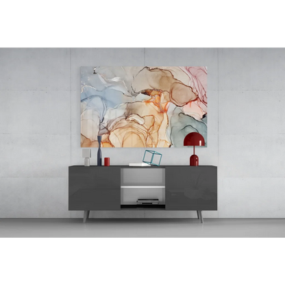 Swirling abstract glass wall art in blue, orange, and pink hues