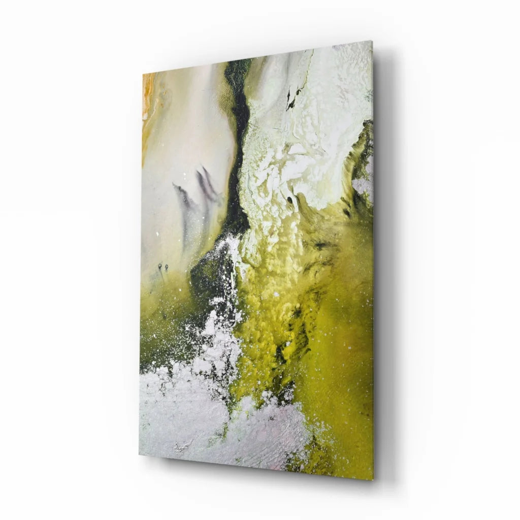 Swirling abstract glass wall art in yellow green and white