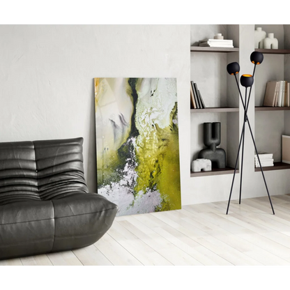 Swirling abstract glass wall art in yellow, green, white hues