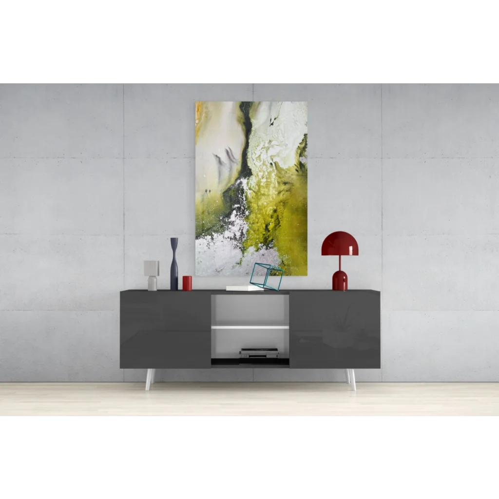 Swirling abstract glass wall art in yellow, green, white