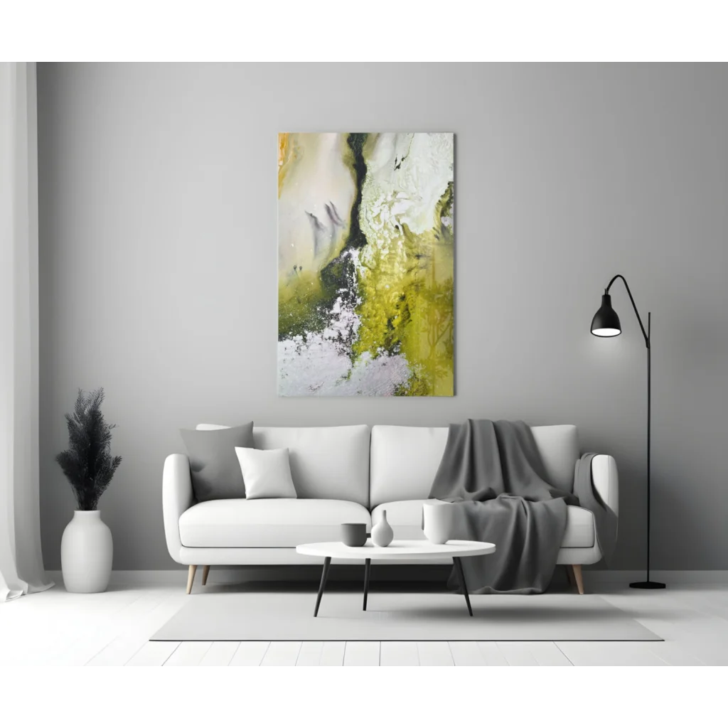 Swirling yellow green white glass wall art above modern sofa