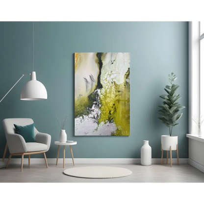 Swirling abstract glass wall art with yellow, white, and black brushstrokes