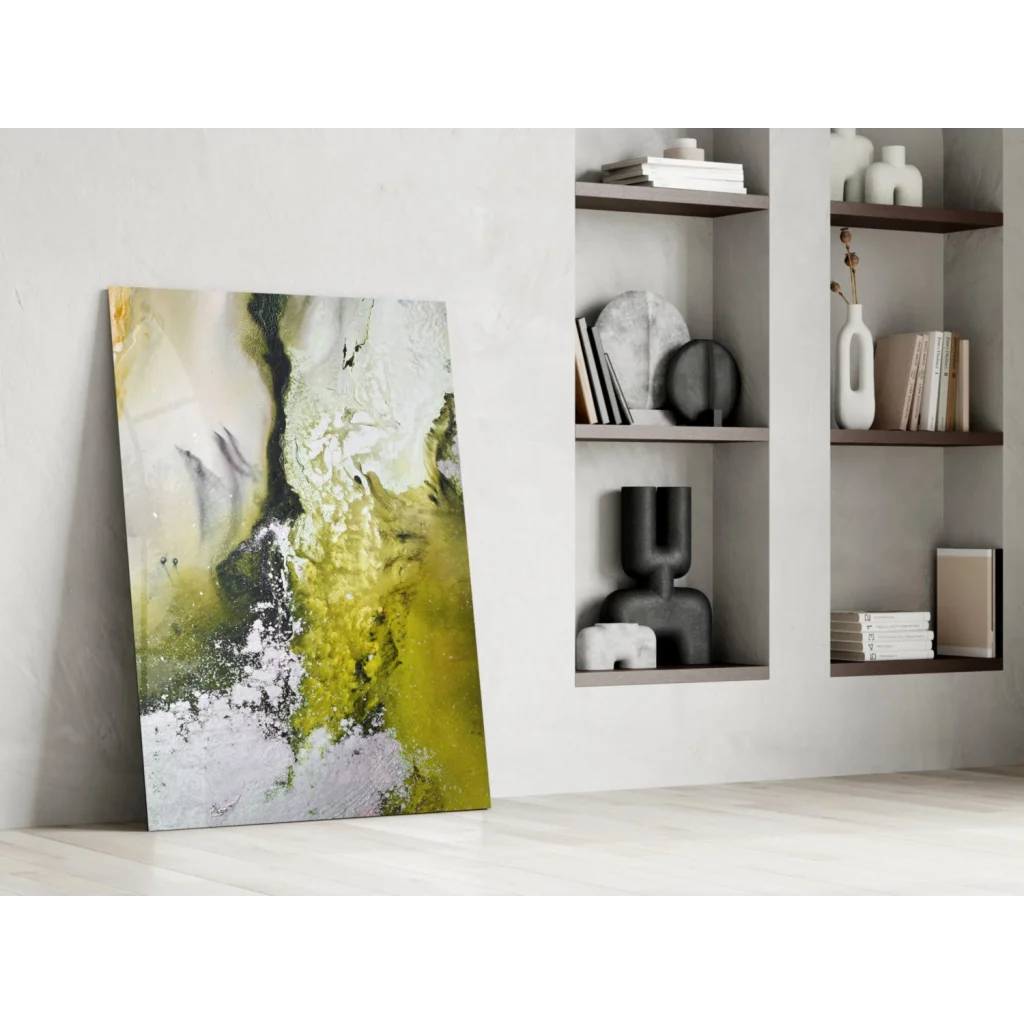 Swirling abstract glass wall art with green white and black flows