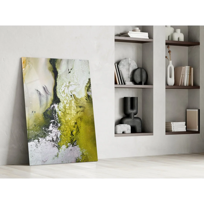 Swirling abstract glass wall art with green white and black flows