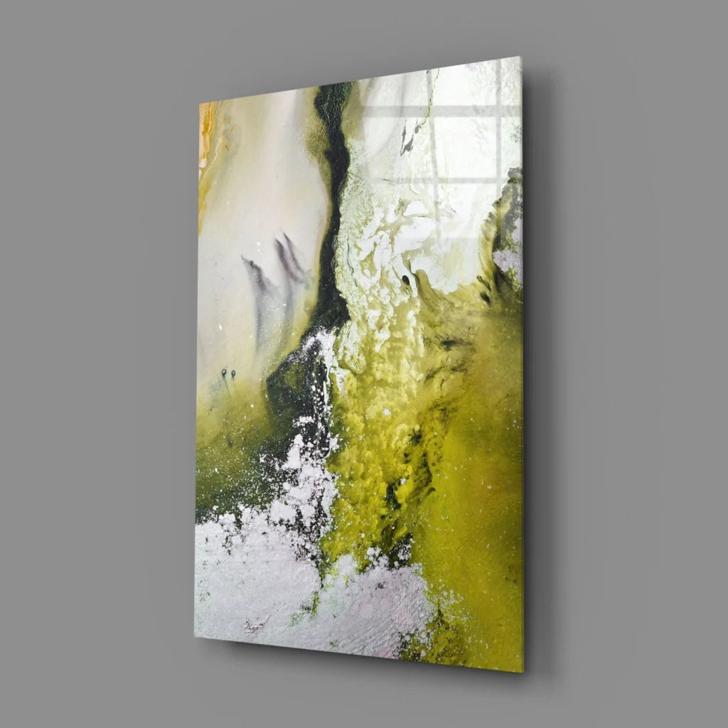 Swirling abstract glass wall art in yellow, green, and white gradients