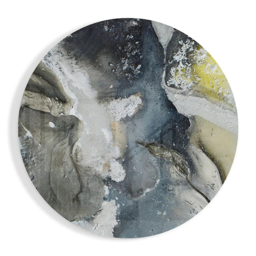 Swirling abstract tempered glass art circle in grays, black, white, yellow