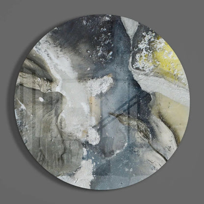 Swirling abstract tempered glass art circle in grays, white, black, yellow