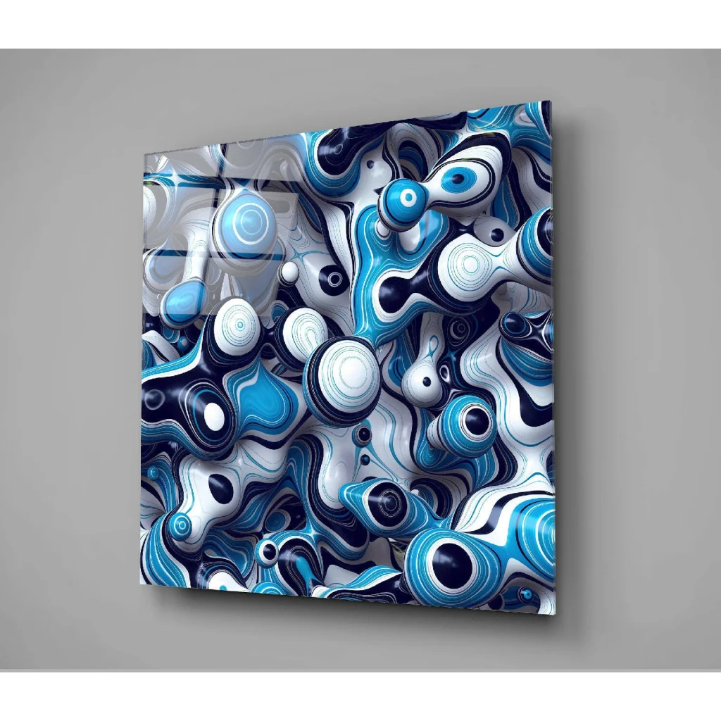 Swirling blue abstract glass wall art with 3D bubble design