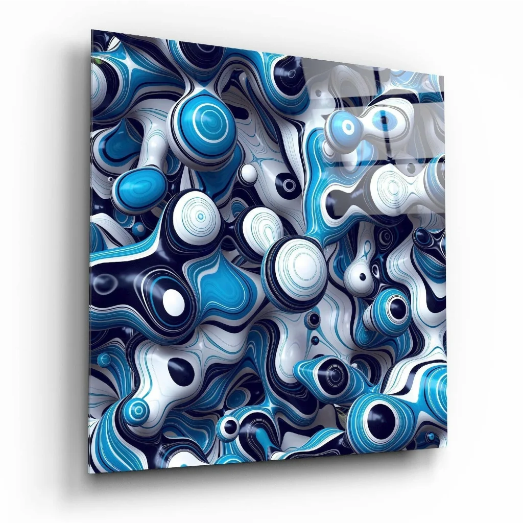 Swirling blue abstract glass wall art with 3D bubble design