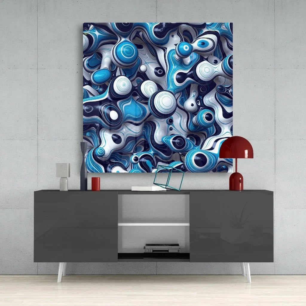 Swirling blue abstract glass wall art with 3D bubble design