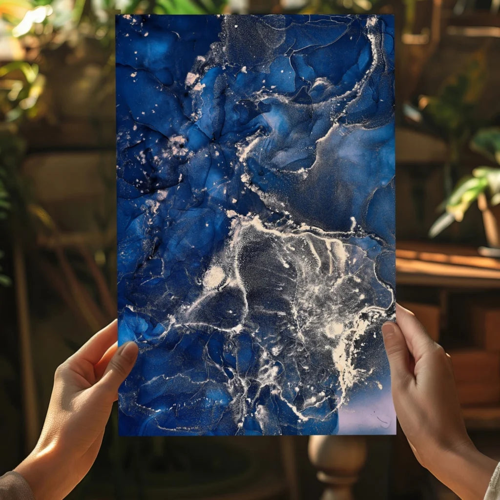 Vibrant swirling blue abstract aluminum wall art with glittery gold accents