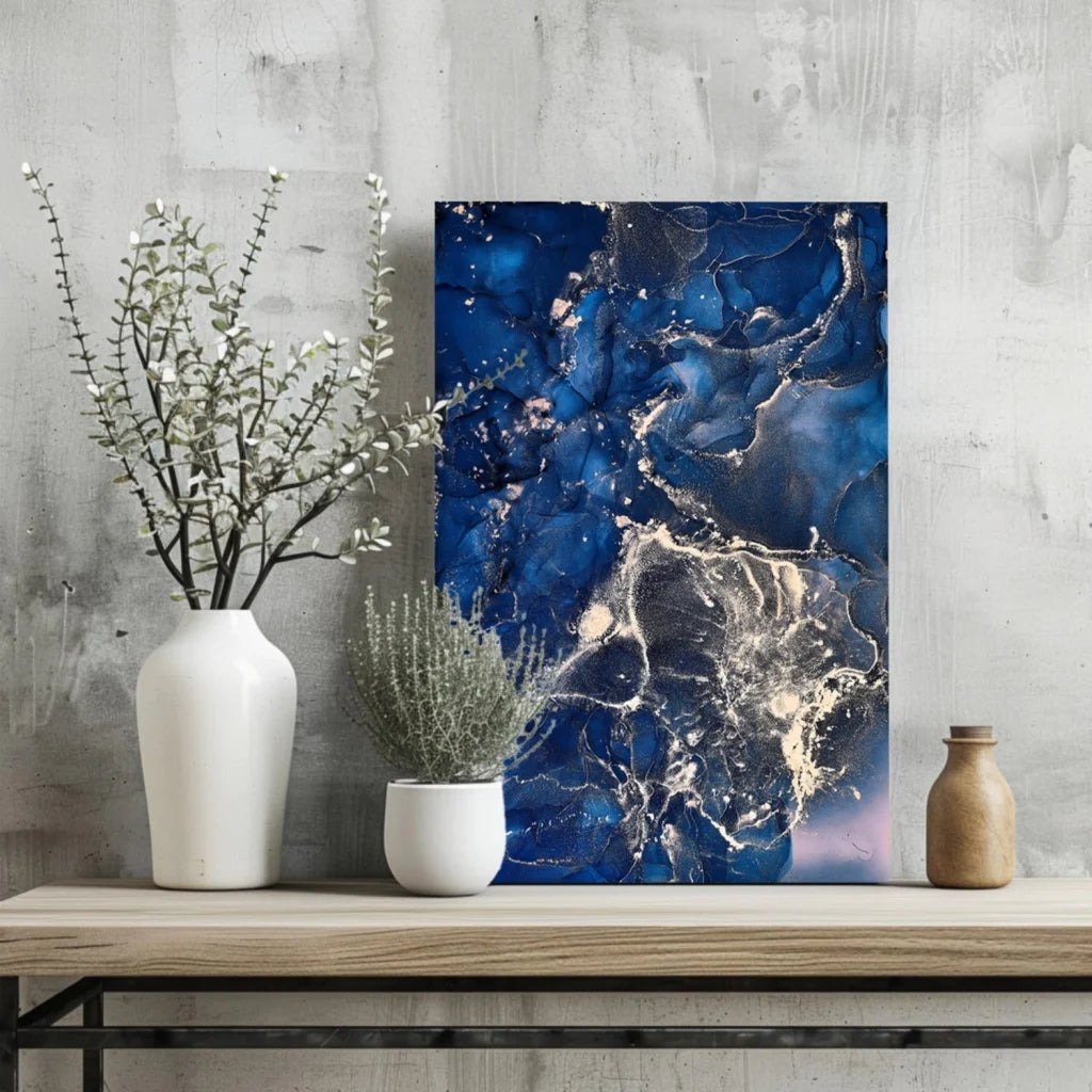 Swirling Blue and Gold Marbled Aluminum Wall Art | Glass Wall Art Print | vintageantiquesgifts.com