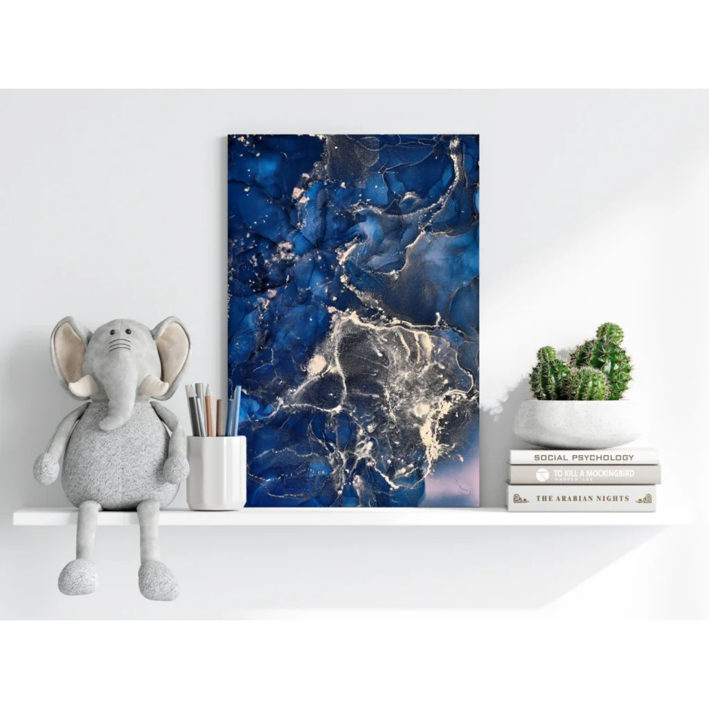 Vibrant swirling blue and gold marbled abstract aluminum wall art