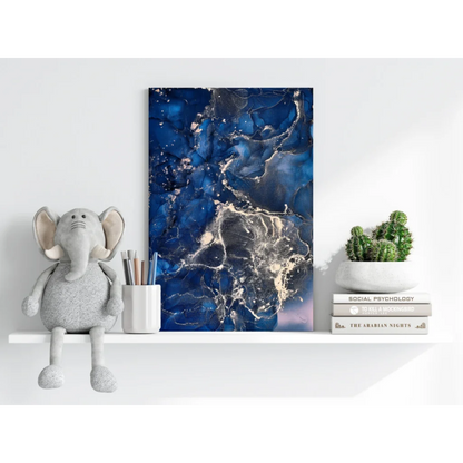 Vibrant swirling blue and gold marbled abstract aluminum wall art