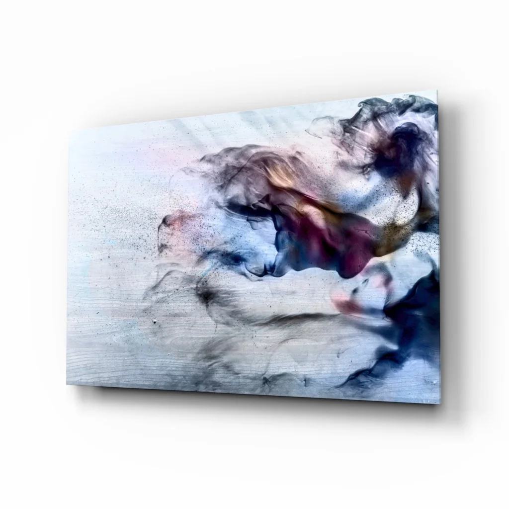 Swirling blue purple pink abstract glass wall art canvas with textured clouds