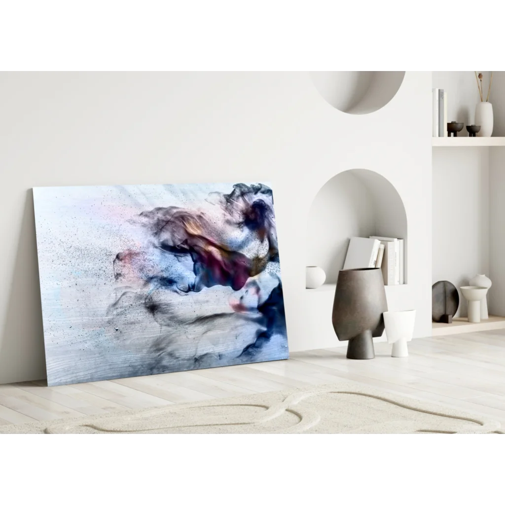 Swirling blue purple pink abstract glass wall art on textured canvas